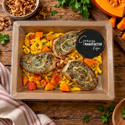 Bild K&uuml;rbissp&auml;tzle mit Waldpilzso&szlig;e & gebr. Maultasche