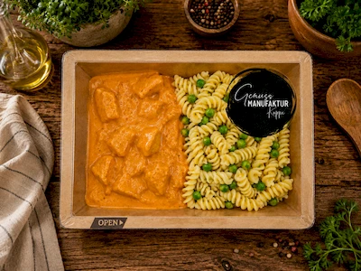 Bild H&auml;hnchen an Paprika-Rahmso&szlig;e, Erbsen & Fusilli