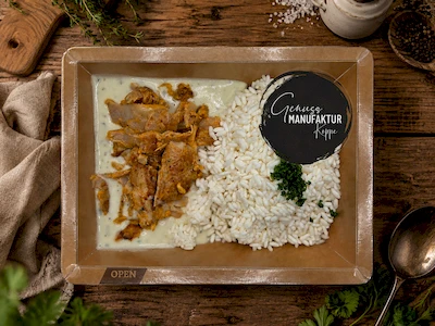 Bild D&ouml;nerfleisch mit Frischk&auml;sekr&auml;uterso&szlig;e & Reis