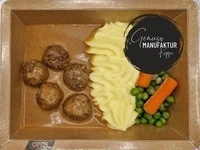 Bild Rinderhackb&auml;llchen in Rahmso&szlig;e, Kartoffelp&uuml;ree & Erbsen-Karotten