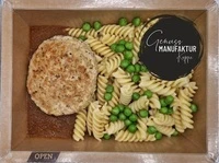 Bild veganes Hacksteak mit Fusilli, Erbsen & So&szlig;e