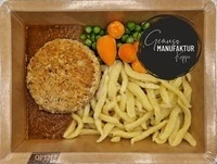 Bild veganes Hacksteak mit Spätzle, Soße & Erbsen-Karotten