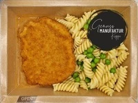 Bild Paniertes Schnitzel mit Rahmsoße, Fusilli & Erbsen