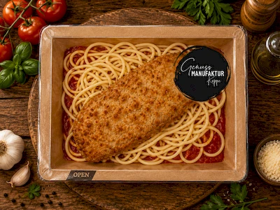 Bild Panierter Seelachs auf Spaghetti & Tomatenso&szlig;e