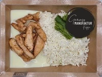 Bild H&auml;hnchenfiletstreifen an leichter So&szlig;e mit Reis und gr&uuml;nem Spargel