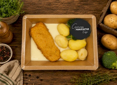 Bild Backfisch mit Wei&szlig;weinso&szlig;e, Kartoffeln & Brokkoli