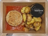 Bild veganes Hacksteak mit Rosmarinkartoffeln & Tomatensoße