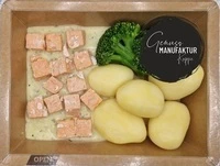 Bild Lachsw&uuml;rfel mit Dillsahneso&szlig;e mit Kartoffeln & Brokkoli