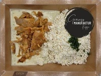 Bild D&ouml;nerfleisch mit Frischk&auml;sekr&auml;uterso&szlig;e & Reis